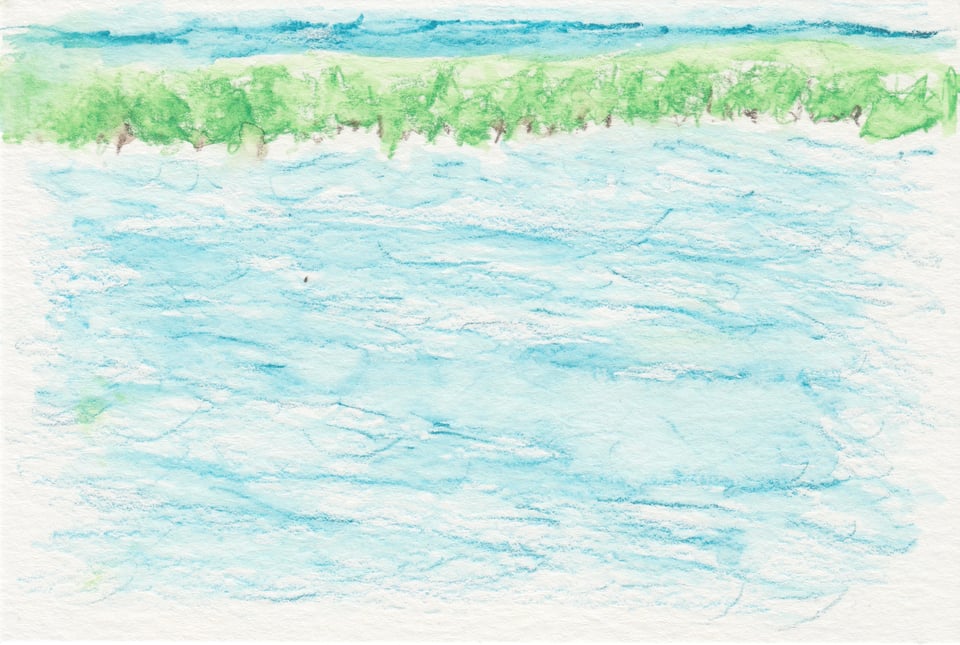 bad watercolor sketch of a spit of island and water in Toronto