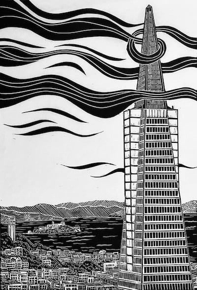 A black and white linocut image of the TransAmerica building swaddled by clouds or fog overlooking houses and the Coit Tower and Alcatraz island, with hills in the background.