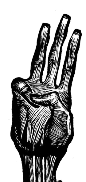 A woodcut of a hand holding up three fingers
