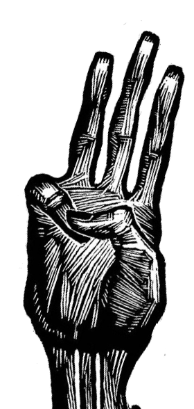 A woodcut of a hand holding up three fingers