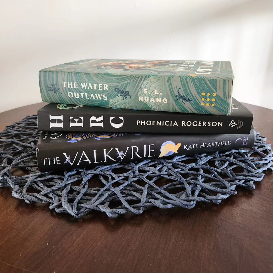 Pile of books: The Water Outlaws, Herc and The Valkyrie.
