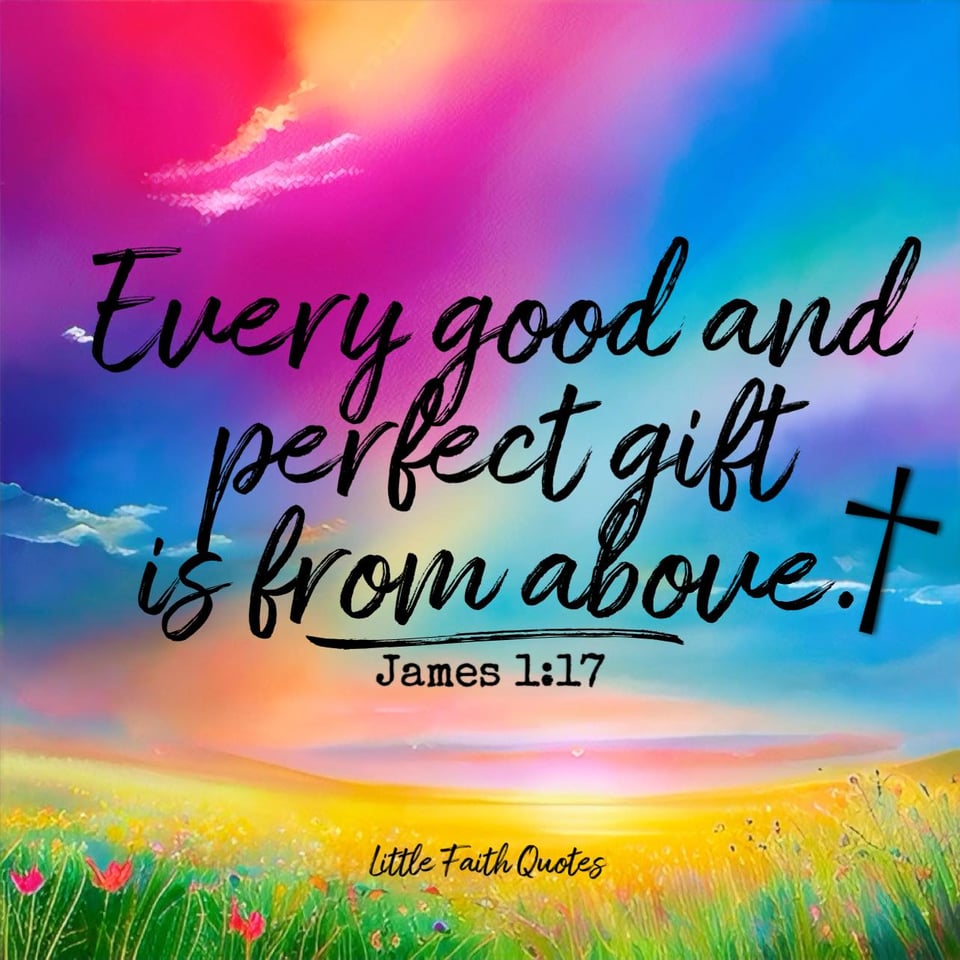 "Every good and perfect gift is from above, coming down from the Father of the heavenly lights, who does not change like shifting shadows." ~James 1:17. The sun sets in a hot pink, blue, and green sky. A meadow of golden flowers spans as far as the eye can see. Image by: @Little Faith Quotes.