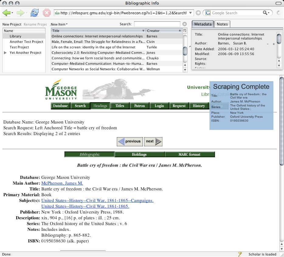 A web browser shows the library catalog of George Mason University, with a panel on top showing the capture of a bibliographic reference.