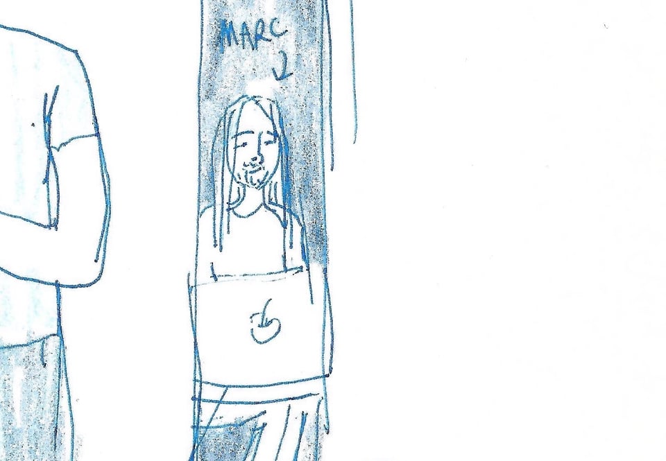 Sketch of Marc Thiele sitting backstage with a laptop at Beyond Tellerrand Berlin 2024