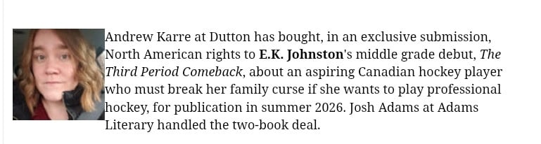 the deal announcement for EK Johnston's The Third Period Comeback
