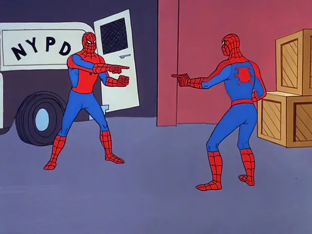 Two spidermen pointing at each other