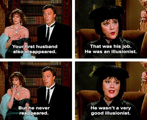 a picture of a woman in a dress and a man in a tuxedo, with dialogue: "Your first husband also disappeared." "That was his job. He was an illusionist." "But he never reappeared" "He wasn't a very good illusionist."