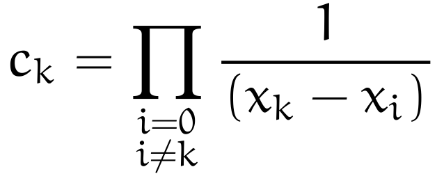 The constant of the Lagrange Polynomial for term k is one divided by the product of differences between the kth independent data point and each of the other data points.