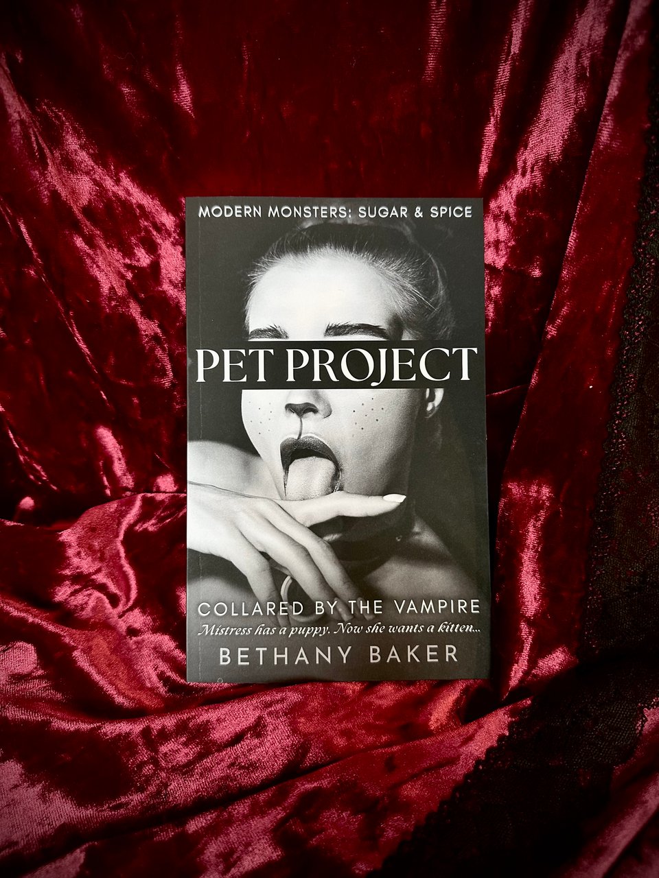 A photo of the Pet Project paperback against a red velvet background. The cover is a black and white photo of a woman wearing cat makeup, a collar, and licking her hand. The main title, "Pet Project", covers her eyes on a black background like a censor bar. The cover overall reads: Modern Monsters, Sugar & Spice. Pet Project: Collared by the Vampire. Mistress has a puppy. Now she wants a kitten... Bethany Baker.