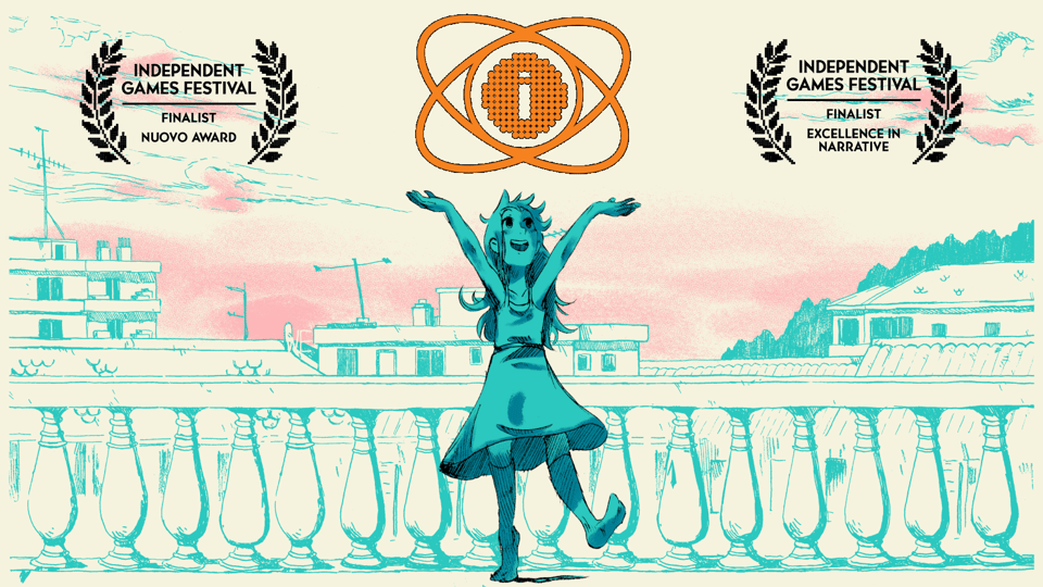 A yellow/pink backgrond showing a city landscape at dawn. On a balcony, a young girl in a dress is holding her hands in the air, genkidama style, with the IGF logo above. On the sides, the laurels from our two IGF nominations
