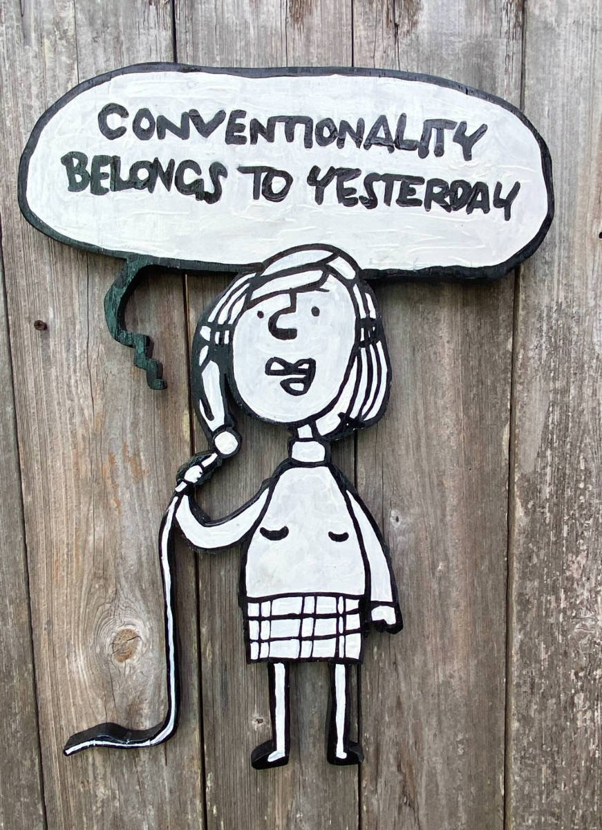 painting of woman singing "conventionality belongs to yesterday" from the song Grease