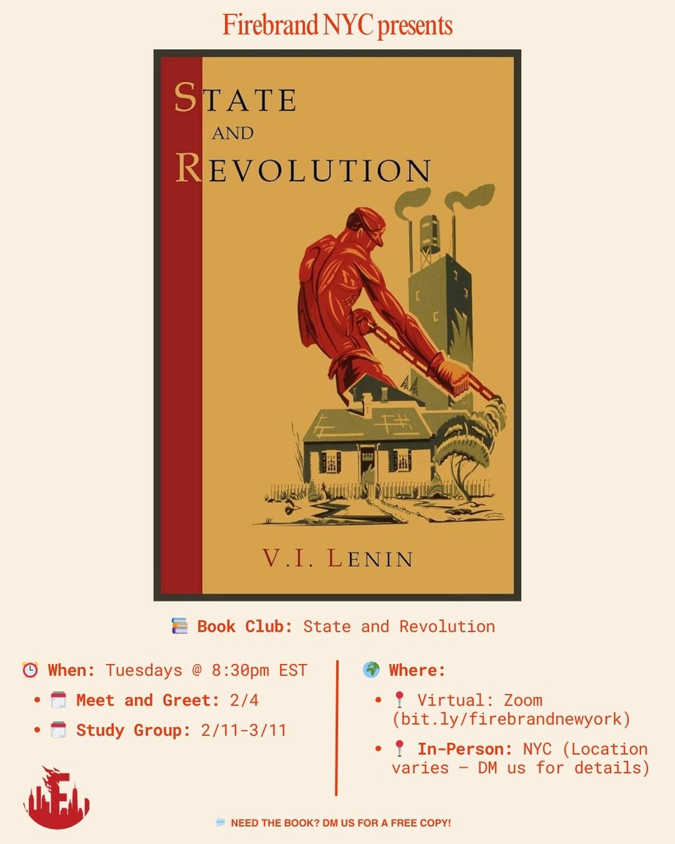poster for firebrand socialist book club, with image of cover of state and revolution by lenin