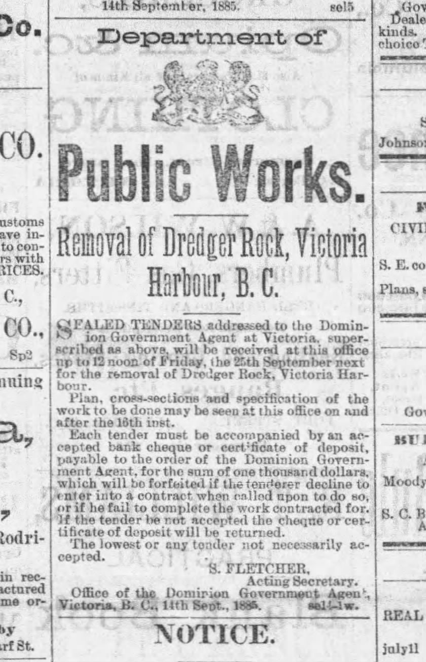 Clipping from the Victoria Daily Times from 23 Sept 1885. The advertisement reads "Department of Public Works. Removal of Dredger Rock, Victoria Harbour."or Tenders