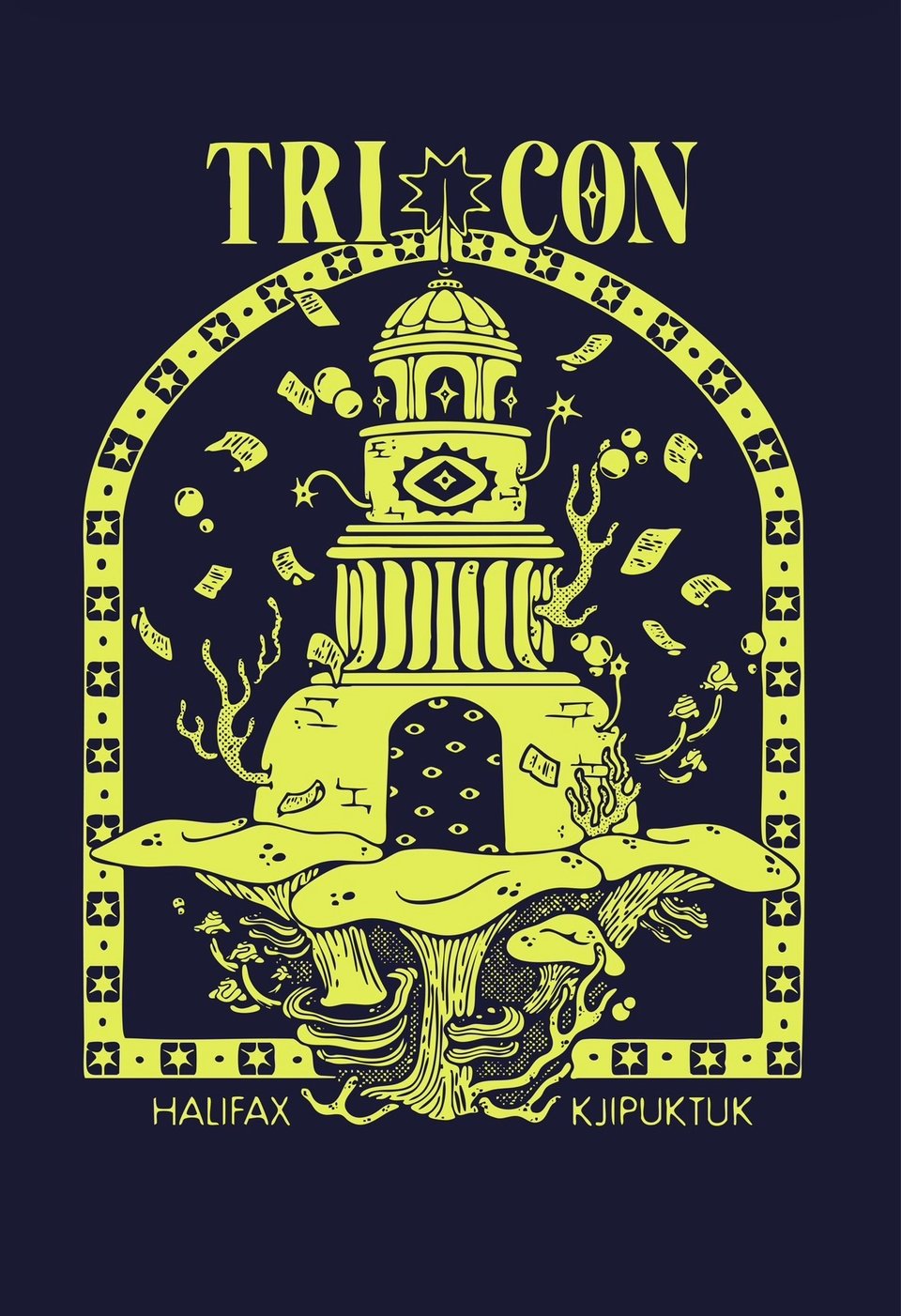 A yellow on navy mockup of the TriCon t-shirt design.