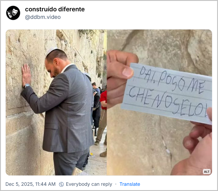 Post de construído diferente (‪@ddbm.video‬) com uma imagem do Edu Bananinha no muro das lamentações (?) e uma imagem de um bilhete com a mensagem: PAI, POSOME  CHENOSELOL