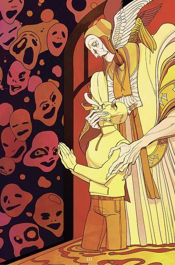 The white parishioners from first and second page is baptized in strange waters by angelic looking being.