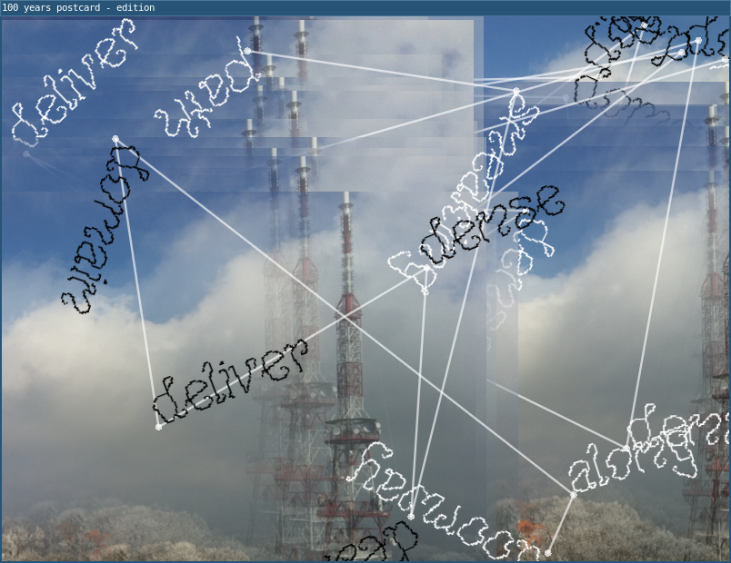 a radio tower on a mountain with text floating in a strange font - deliver, path, dense domain, etc