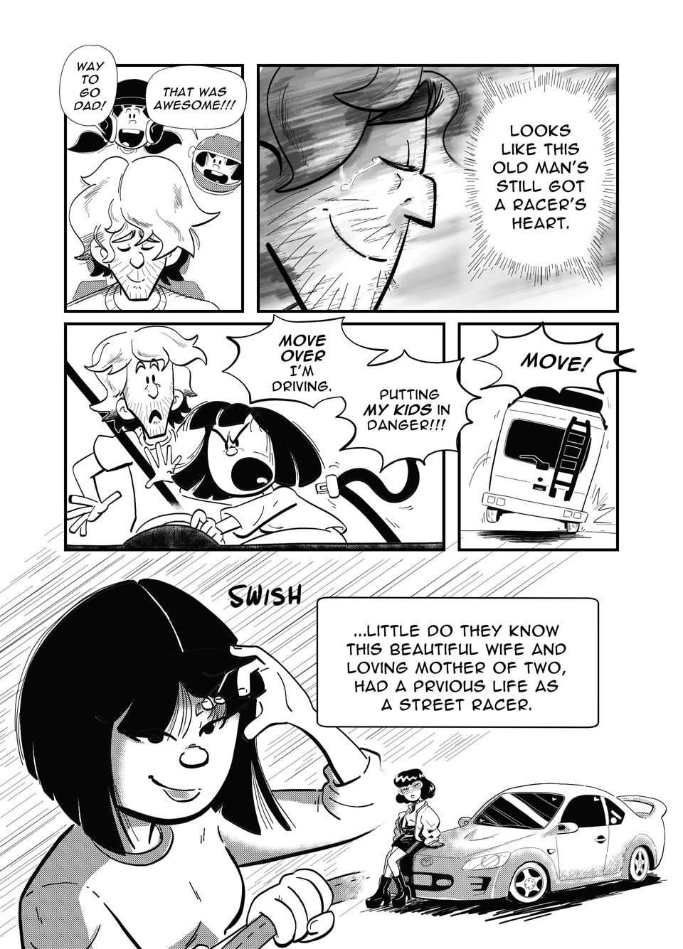 Worldracers Japan pg 10, Panel 1, the kids pop up behind their dad, 