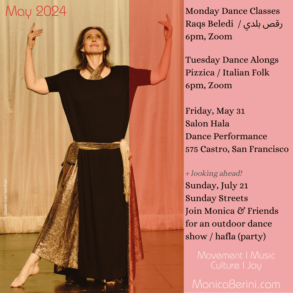 A dancer in black and gold looks up. Text advertises upcoming events.