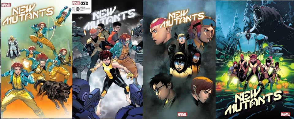 The covers of New Mutants 31 through 33, plus issue one of New Mutants: Lethal Legion.