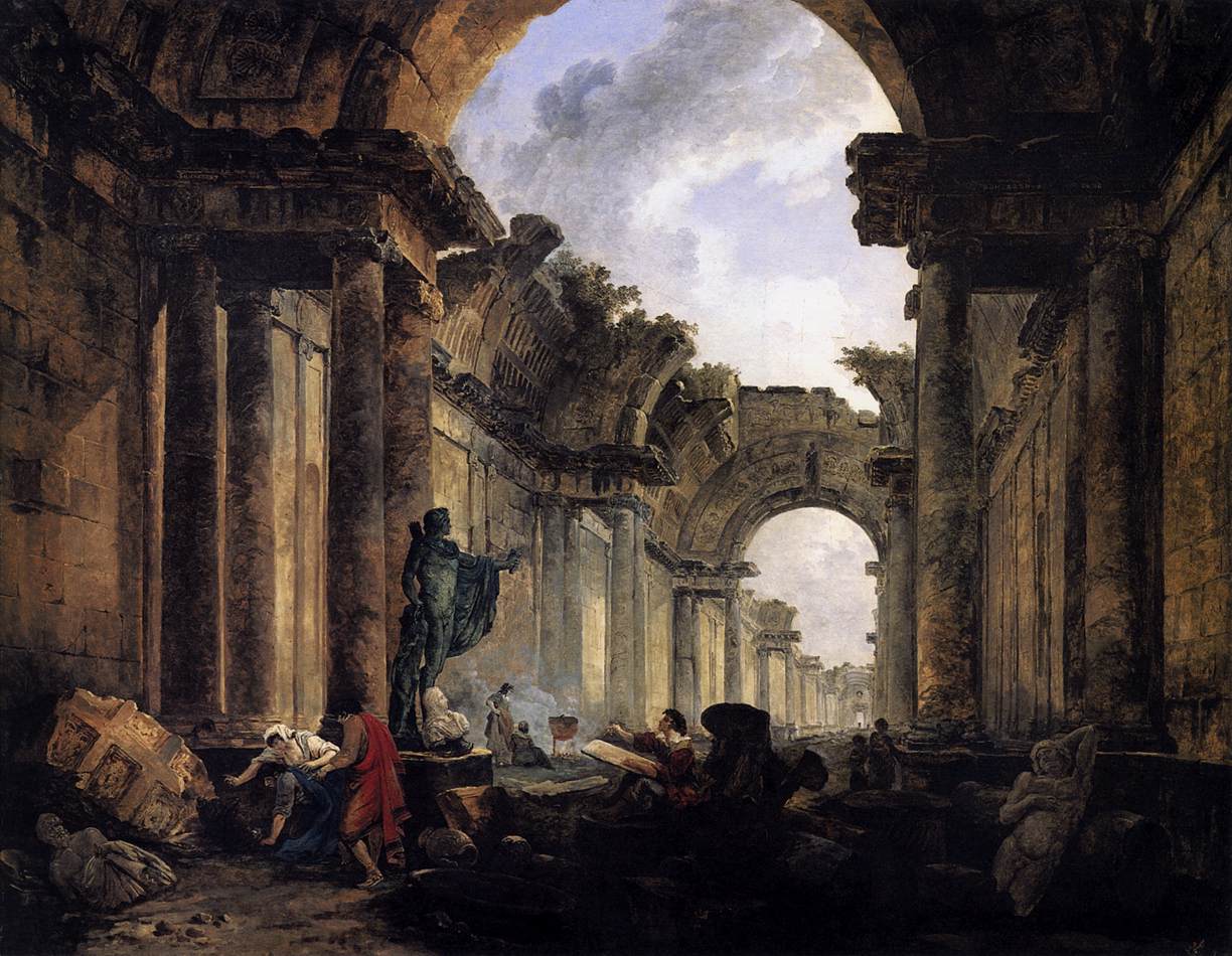 Imaginary View of the Grande Galerie in the Louvre in Ruins, by Hubert Robert, 1796. Depicts the Louvre crumbled, roof fallen open to the sky, and people squabbling among the ruins.
