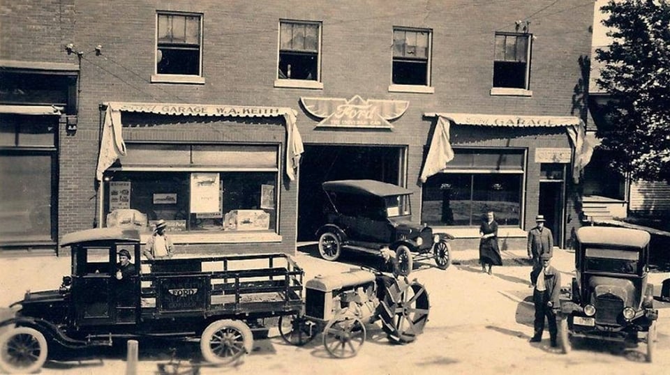Downtown Comber, Ontario, when Harry was a boy there. Prominent local features included the W.A. Keith Ford dealership.