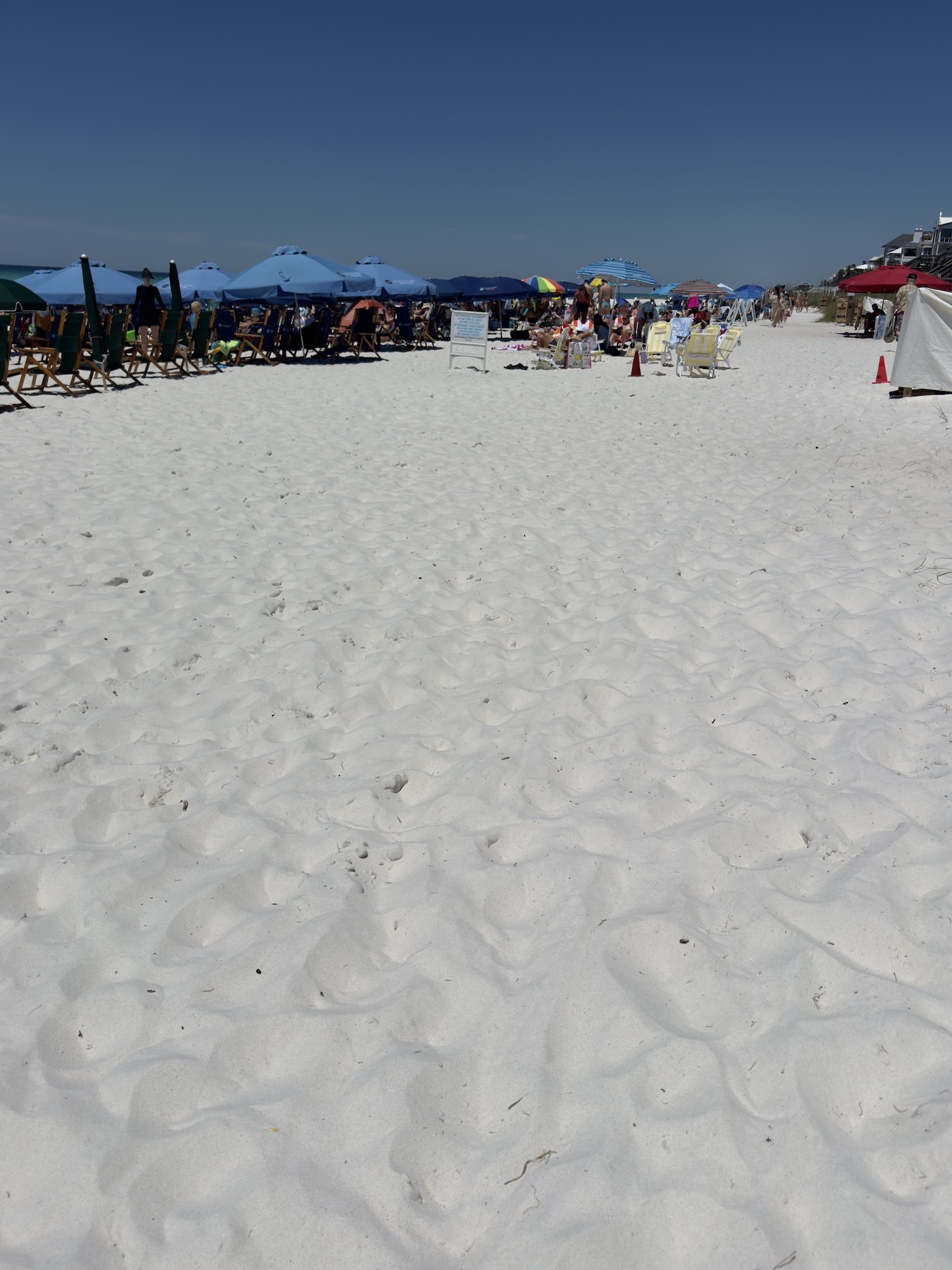 White sand beach with umbrellas in the background