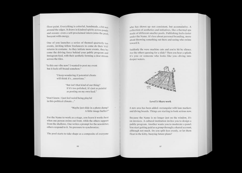 Interior scan of Extra Practice’s essay “Pools of Conviviality” in Are.na Annual, vol 7. [A scanned spread from inside the book with text and an illustration of a pool filled with various objects.]