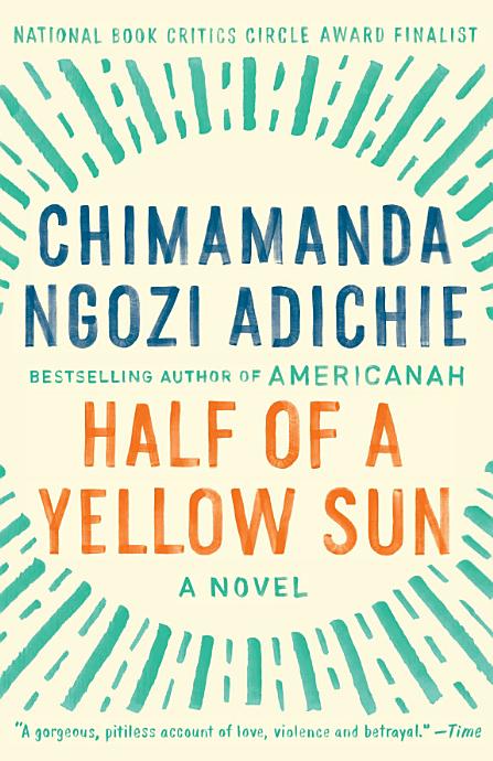 The words "Half of a Yellow Sun: a novel" surrounded by blue sun rays