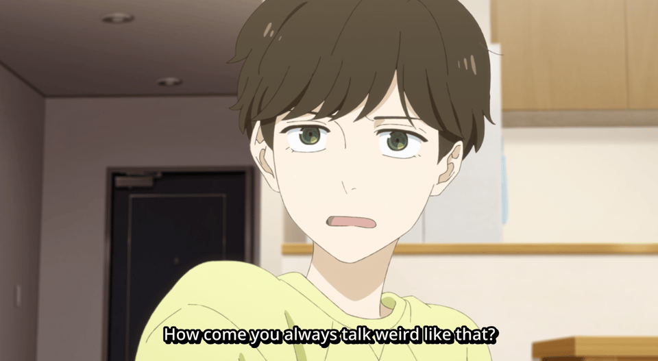Screenshot from the 2026 anime series "Journal with Witch," subtitle: "How come you always talk weird like that?"