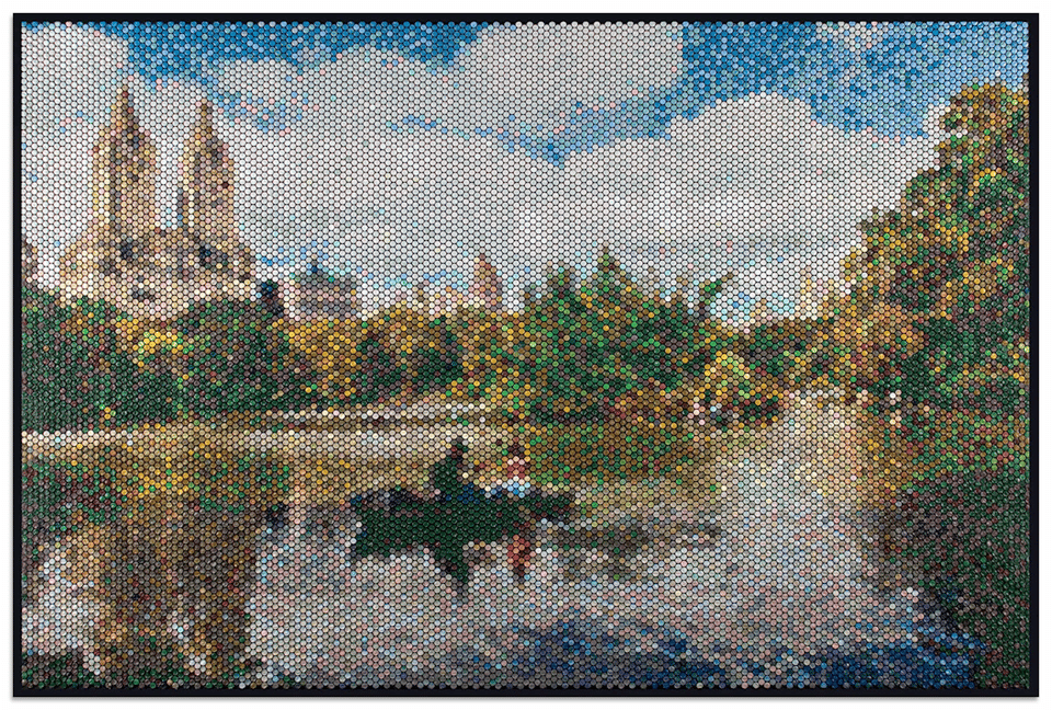 A color pointillist painting of someone in a small rowboat on a pond, with trees, and too tall church buildings in the background.