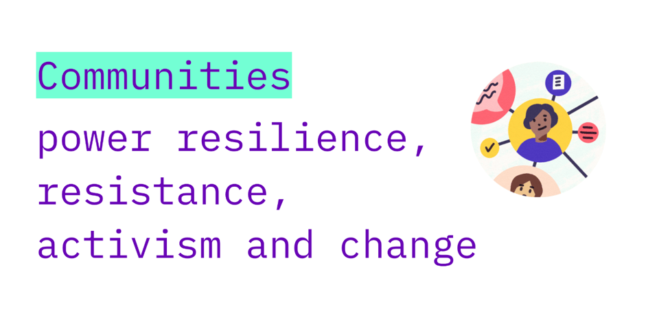 a banner image that says Communities power resilience, resistance, activism and change