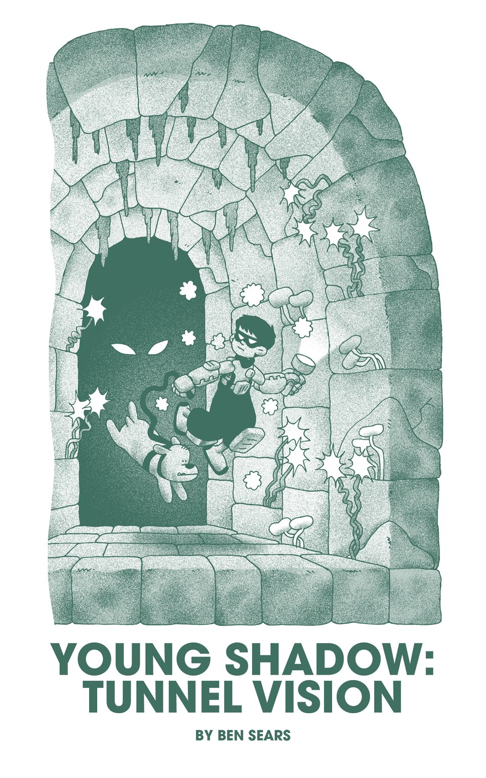 comic cover for Young Shadow: Tunnel Vision. Young Shadow and a dog are floating down a stone hallway. A sinister pair of eyes looks out from the shadows behind them.