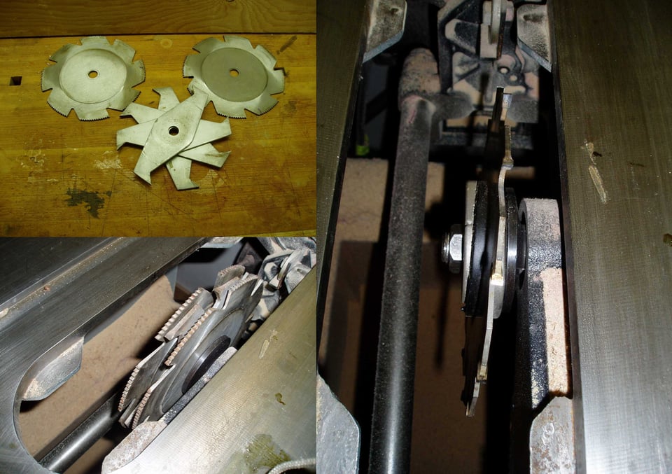 Three images in one - the top left shows three round blades that form the dado stack. Two are circular with about 10 teeth, and the third is more star-shaped with 6 teeth. The bottom left shows these blades inside a table saw, the two round ones are on either side of the star-shaped one to form a thicker blade. The right side of the image shows an interior mechanism of the table saw and is not relevant to this email.