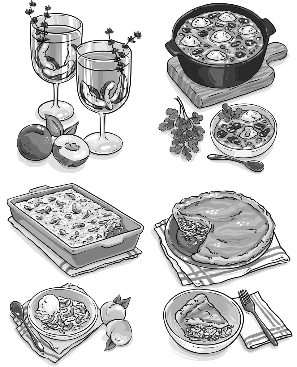 four black and white drawings of dishes and drinks