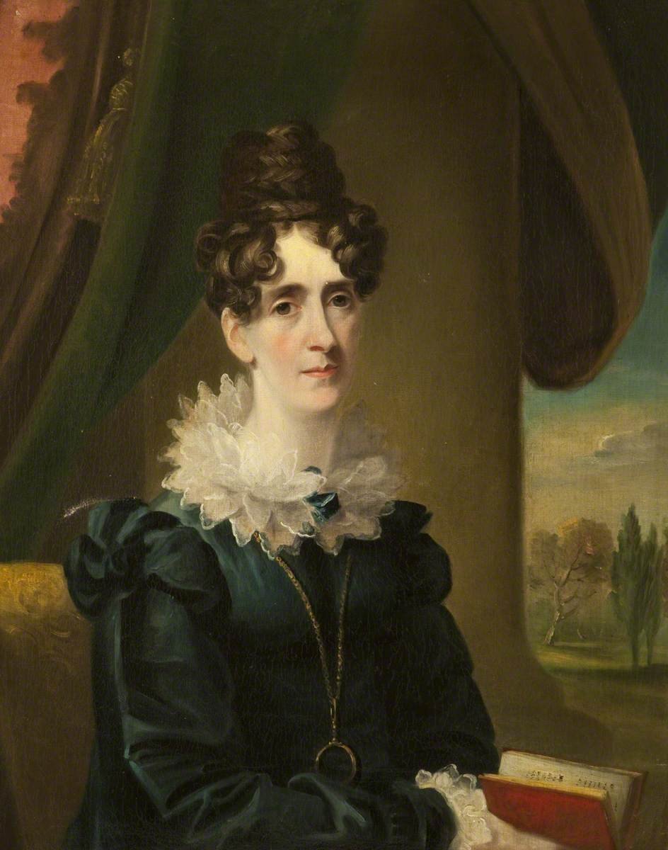 Painting of a woman with brown hair in a black gown with a multi-layered white frill, and white ruffles at the wrists.