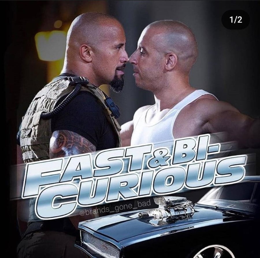 Dom Torretto and Hobbs facing off and the text "Fast & Bi-Curious"