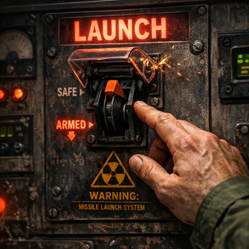 An AI-generated image of a hand about to flip a very serious-looking switch from "Safe" to "Armed" mode. The clear plastic cover of the switch is flipped up to make the switch accessible. Above the switch is a lighted panel that says "LAUNCH" and below the switch is a nuclear warning symbol and the words: "WARNING: Missle Lauch System."