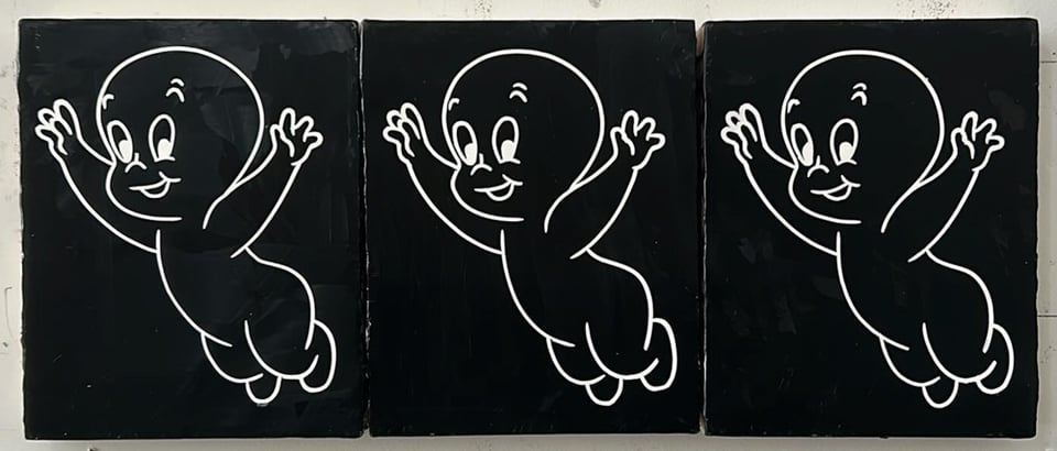 3 identical black and white paintings of a copyright-free child ghost.