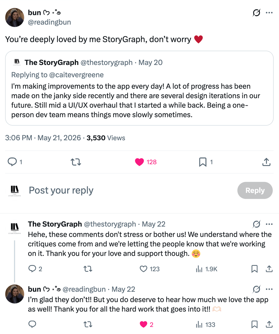 Screenshot of a thread on X. User bun, @readingbun, writes: “You’re deeply loved by me StoryGraph, don’t worry ❤️”. The quoted StoryGraph post says: “I’m making improvements to the app every day! A lot of progress has been made on the janky side recently and there are several design iterations in our future. Still mid a UI/UX overhaul that I started a while back. Being a one-person dev team means things move slowly sometimes.” The StoryGraph replies: “Hehe, these comments don’t stress or bother us! We understand where the critiques come from and we’re letting the people know that we’re working on it. Thank you for your love and support though. 🥰” bun replies: “I’m glad they don’t!! But you do deserve to hear how much we love the app as well! Thank you for all the hard work that goes into it!! 🫶🏻”