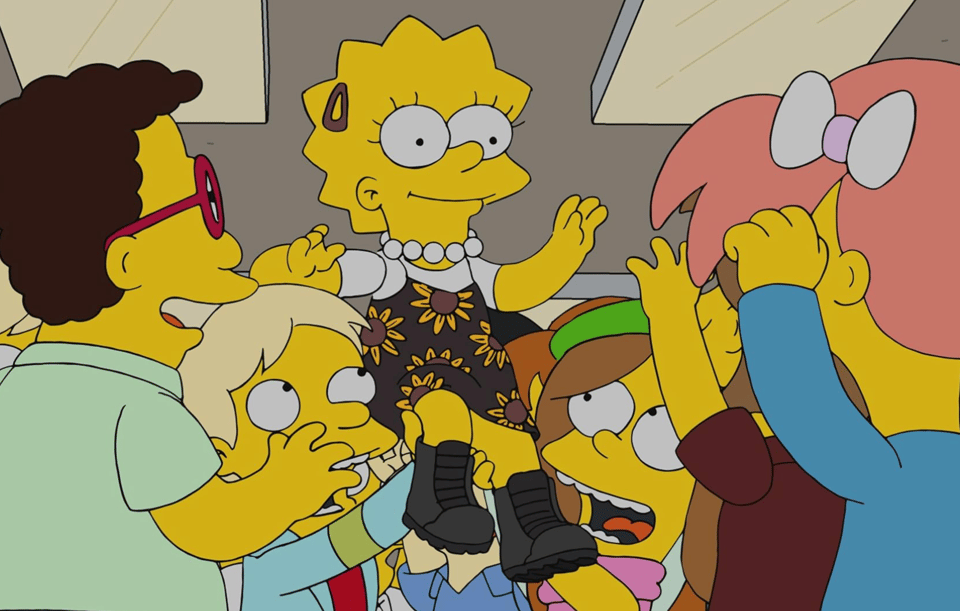 Lisa Simpson being celebrated by her peers for wearing a fashionable outfit.