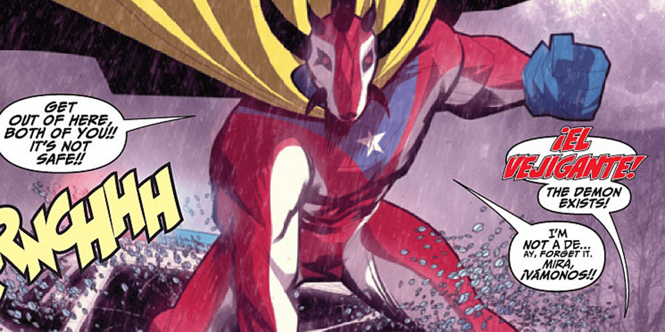 Another shot of El Vejigante where he's saying "Get out of here, both of you, it's not safe," and someone replies "El vejigante! The demon exists!" to which he says "I'm not a de . . . ay, forget it. ¡Mira, vámonos!"
Yes, his crotch is still a straight line.