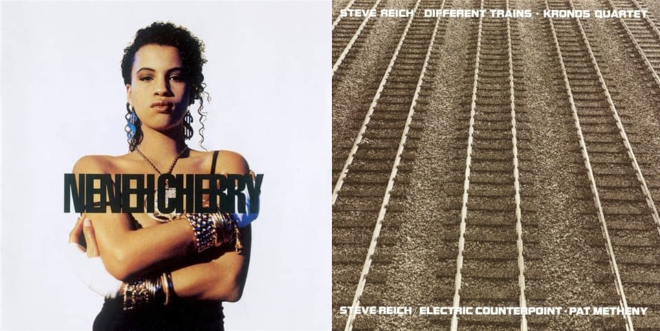 First pic: A color photograph of a young Black woman with her hair pulled back, her arms crossed, and wearing loads of bracelets and a very large medallion. She has a very.. angry? disappointed? smug? look on her face. It's very intense, regardless. The background is blank white. Second pic: A brown-tinted photo of railroad tracks. There are five of them, each right next to each other, and arranged vertically from the top of the frame to the bottom. The idea is also to suggest the frets of a guitar, as half the album is about trains and the other half is a composition just for guitar.