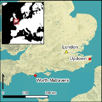 sites in question. updown in far southeastern England, and Worth Matravers on the coast out towards Cornwall