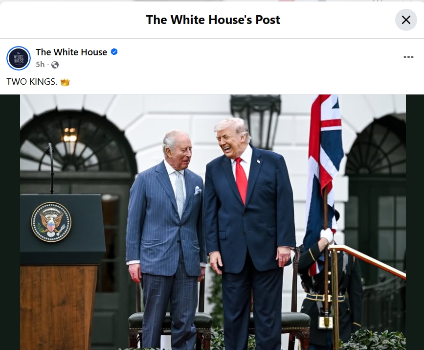 A photo of King Charles and Donald Trump posted on social media by The White House with the following caption: TWO KINGS. crown emoji