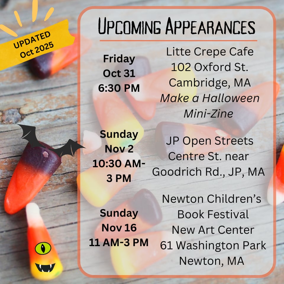 Flyer for 3 events during October, featuring candy corns wearing Halloween costumes