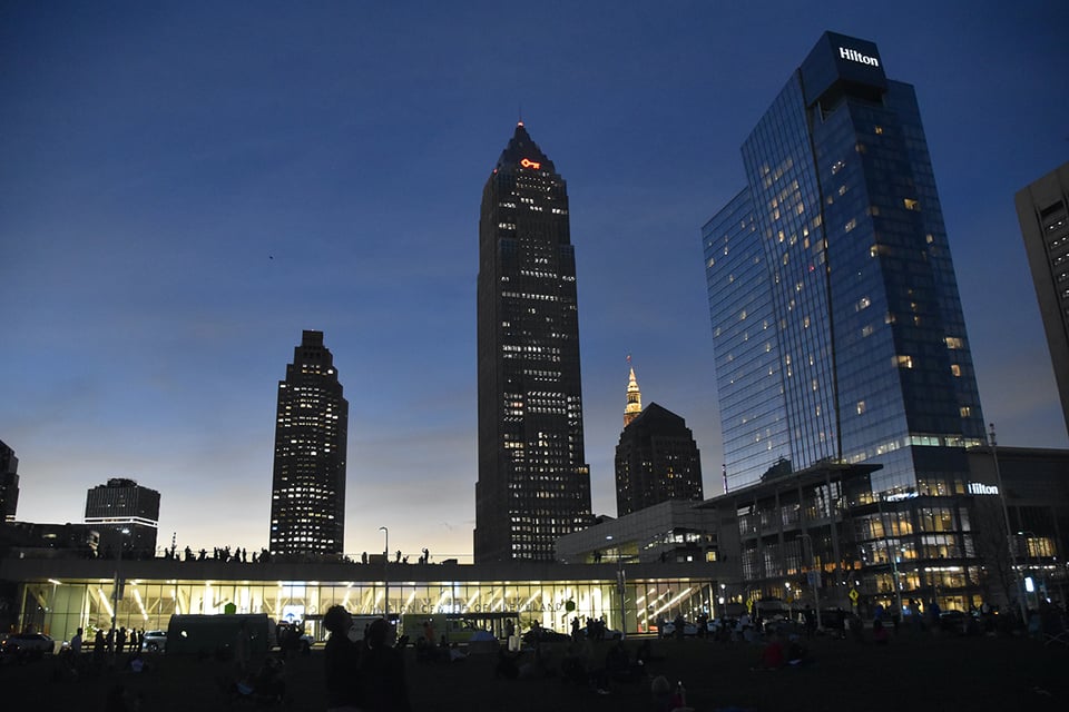 Cleveland skyline at the eclipse's false dusk