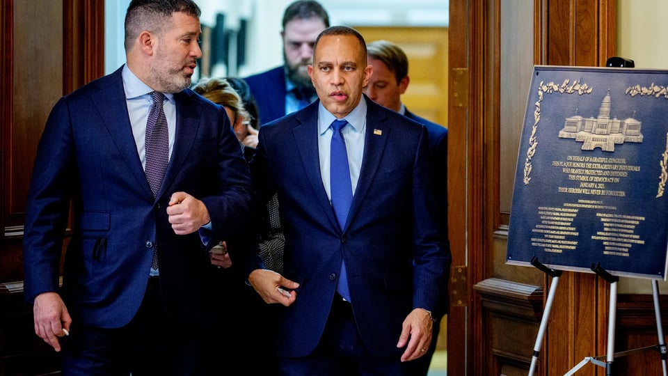 House Minority Leader Hakeem Jeffries exits his office at the U.S. Capitol on Dec. 18.