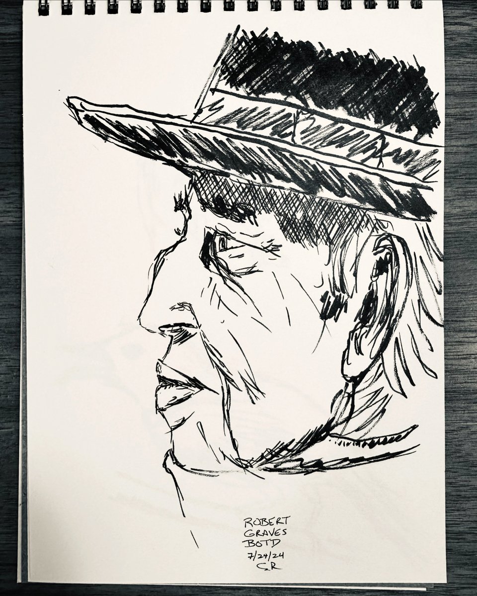 Photo of a brush-pen sketch of the writer Robert Graves, in profile