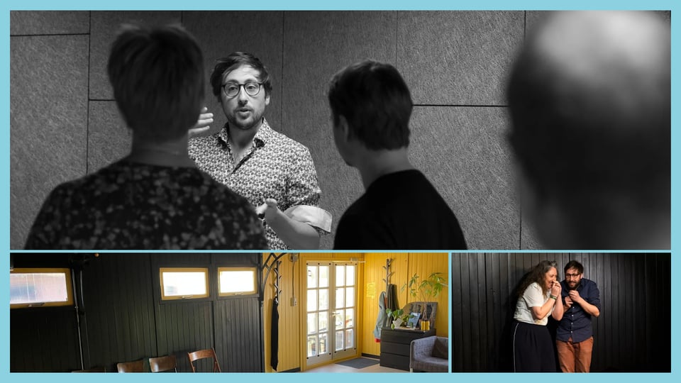 a collage of gael teaching, flock studio and gael and lucy performing